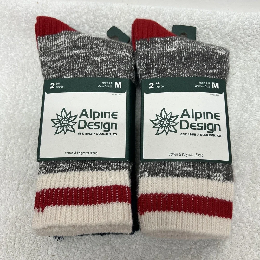 Alpine Design Womens Size M 5-10 4 Pair Red Gray Ragg Hiker Crew Socks